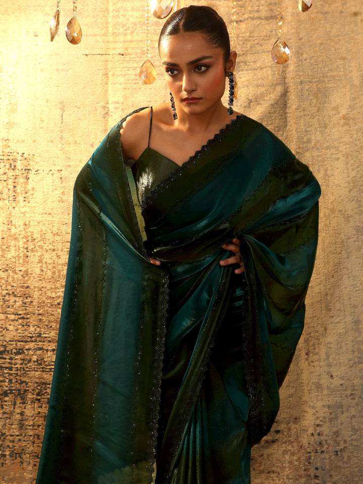 Teal Embellished Satin Saree With Unstitched Blouse Piece