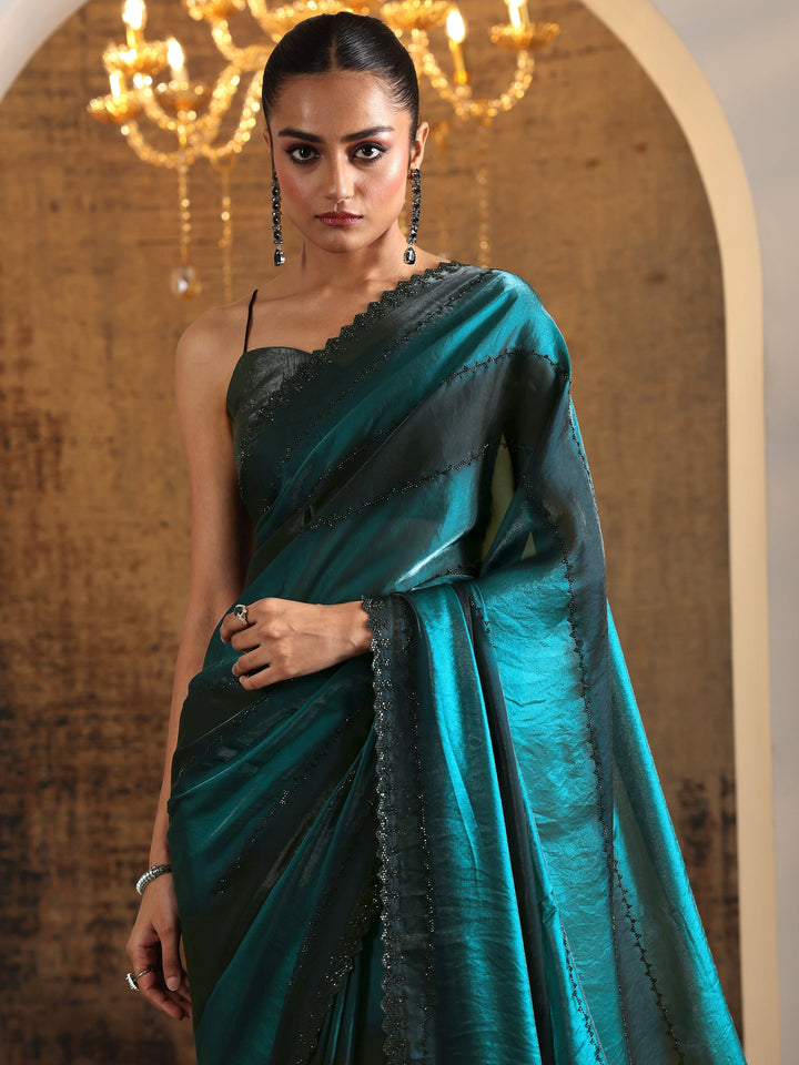 Teal Embellished Satin Saree With Unstitched Blouse Piece