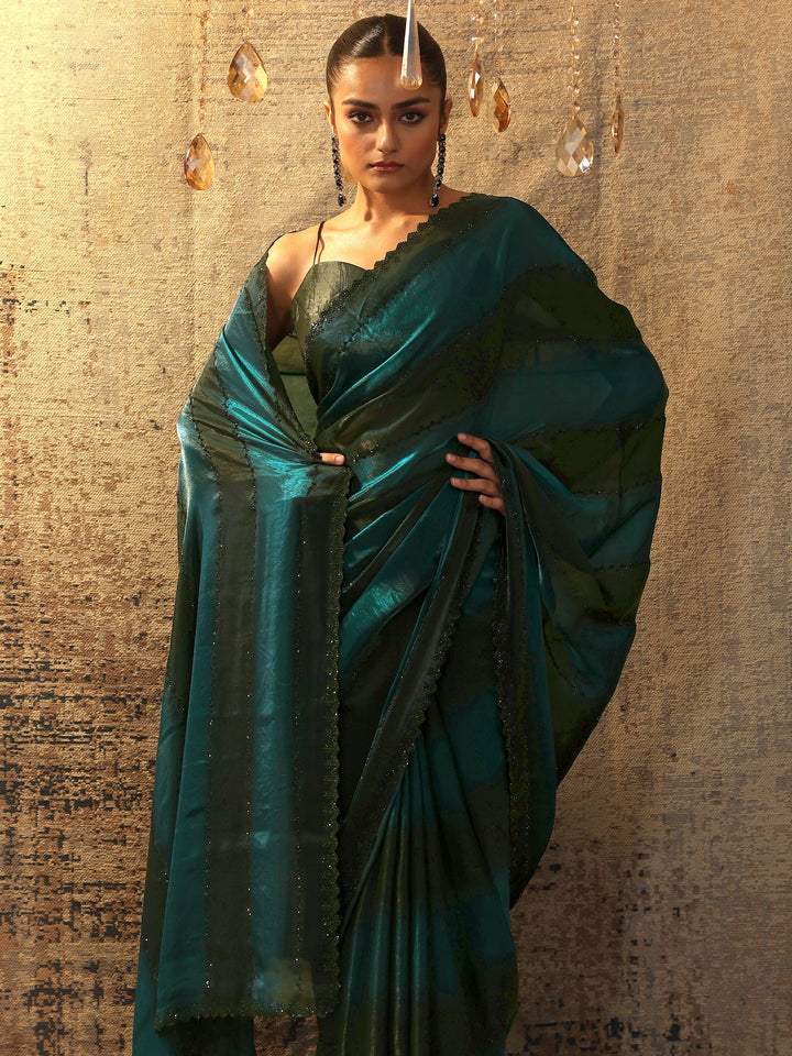 Teal Embellished Satin Saree With Unstitched Blouse Piece
