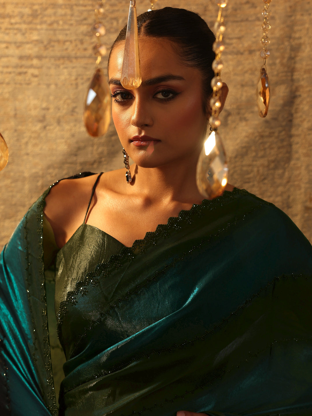 Teal Embellished Satin Saree With Unstitched Blouse Piece