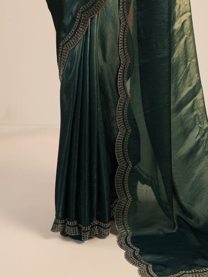 Blue Solid Satin Saree With Unstitched Blouse Piece