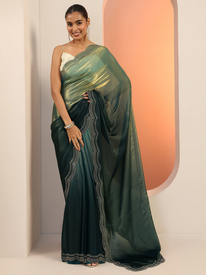 Blue Solid Satin Saree With Unstitched Blouse Piece