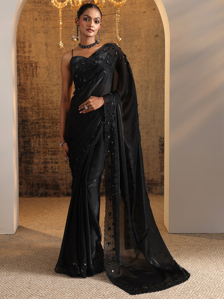 Black Solid Satin Saree With Unstitched Blouse Piece