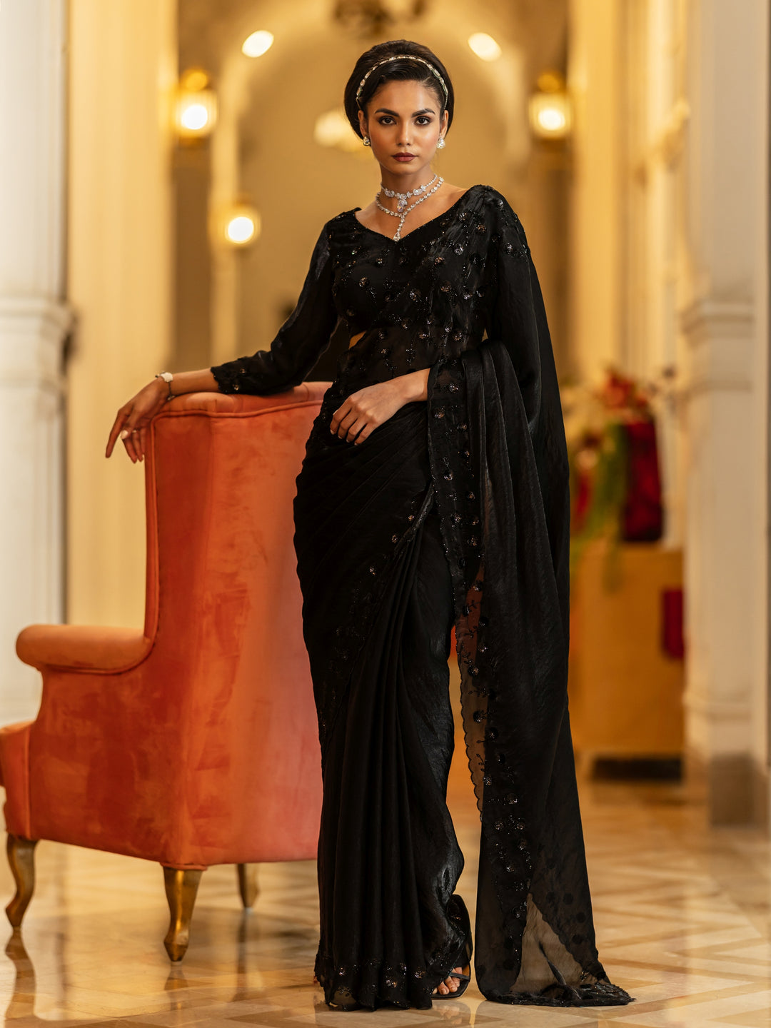 Black Solid Satin Saree With Unstitched Blouse Piece