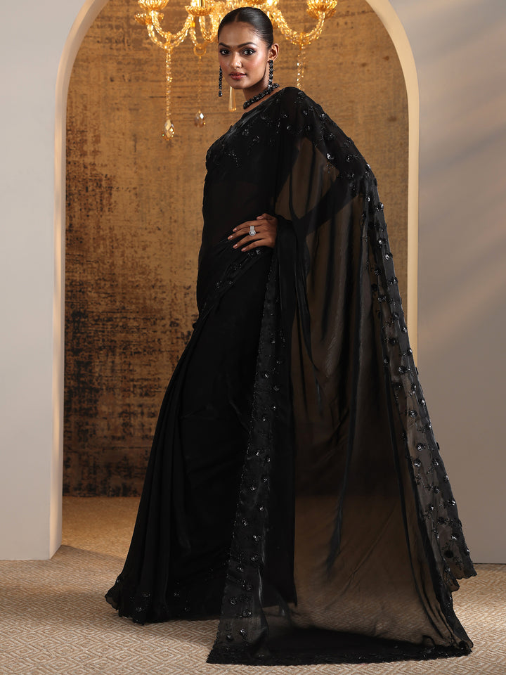 Black Solid Satin Saree With Unstitched Blouse Piece