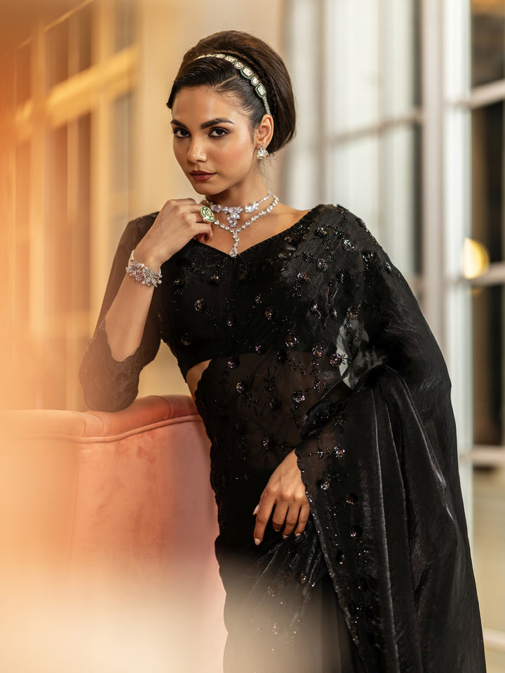 Black Solid Satin Saree With Unstitched Blouse Piece