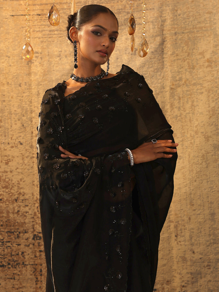 Black Solid Satin Saree With Unstitched Blouse Piece