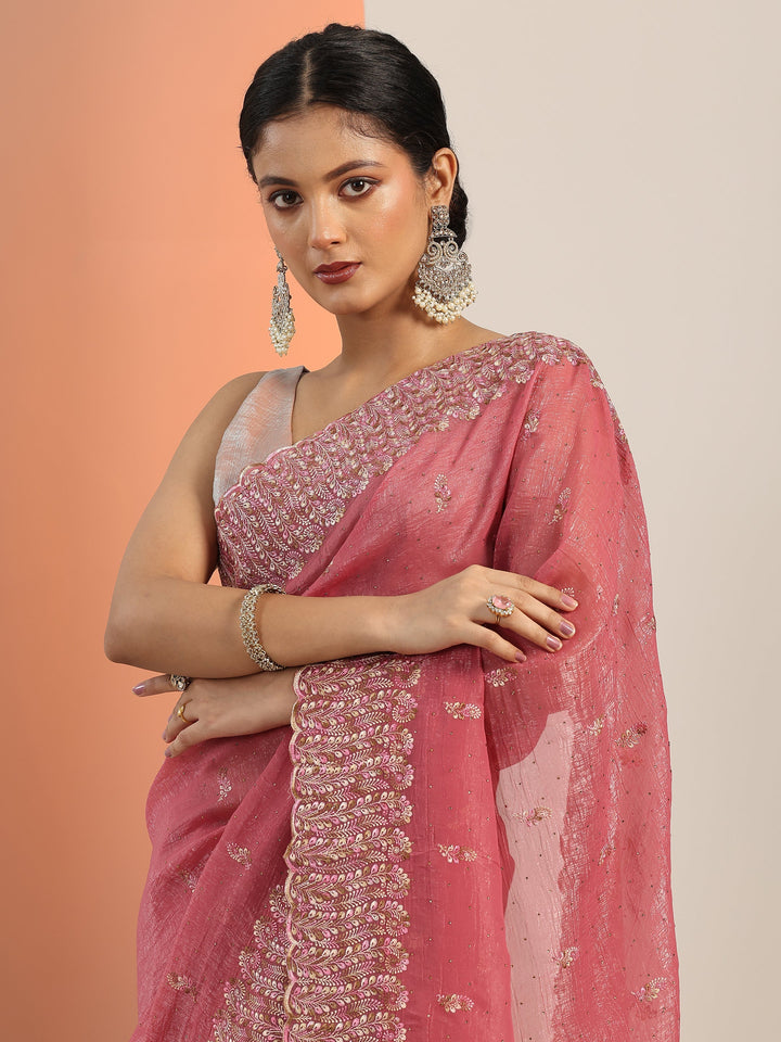 Peach Embroidered Silk blend Saree With Unstitched Blouse Piece