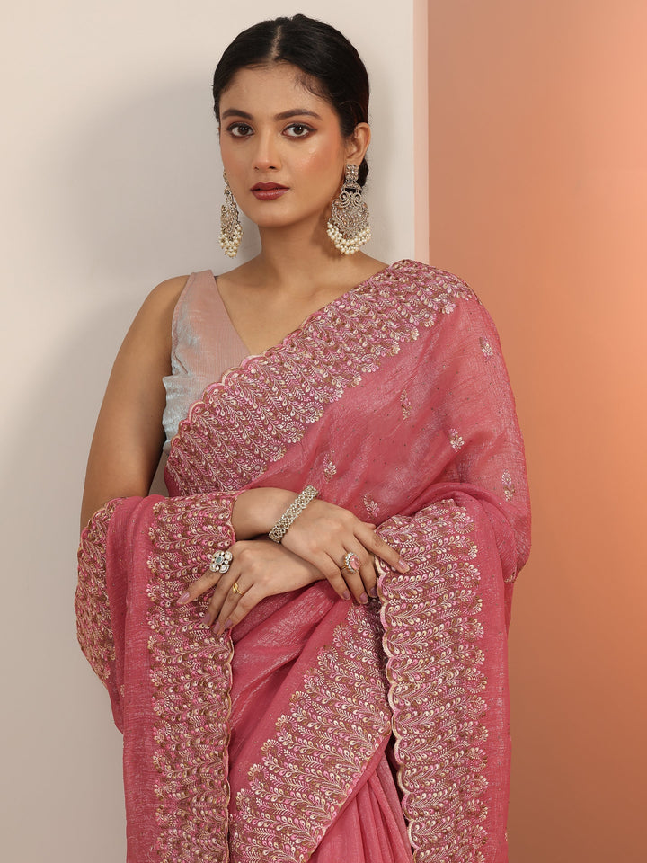 Peach Embroidered Silk blend Saree With Unstitched Blouse Piece