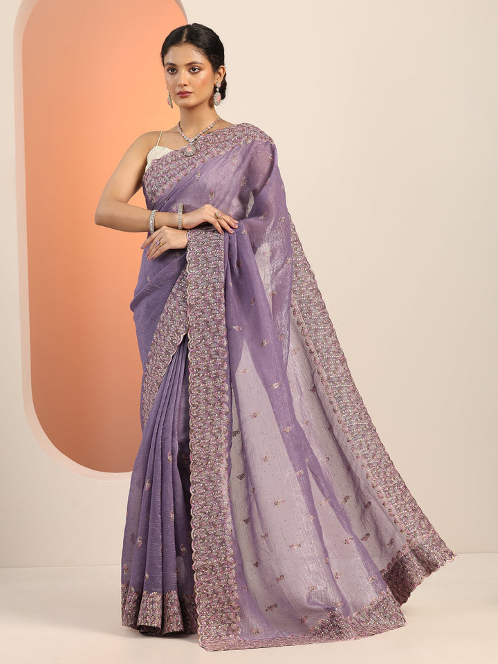 Lavender Embroidered Silk blend Saree With Unstitched Blouse Piece