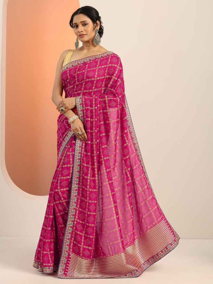 Magenta Printed Silk blend Saree With Unstitched Blouse Piece