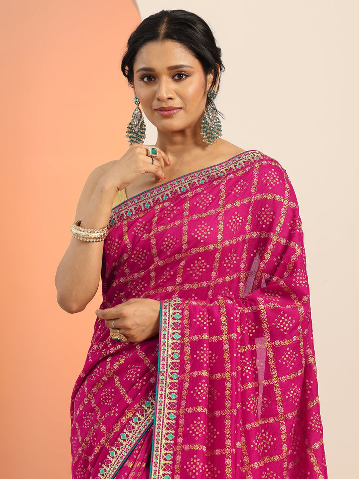 Magenta Printed Silk blend Saree With Unstitched Blouse Piece