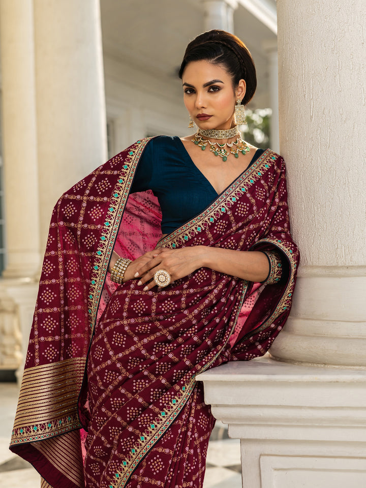 Maroon Printed Silk blend Saree With Unstitched Blouse Piece