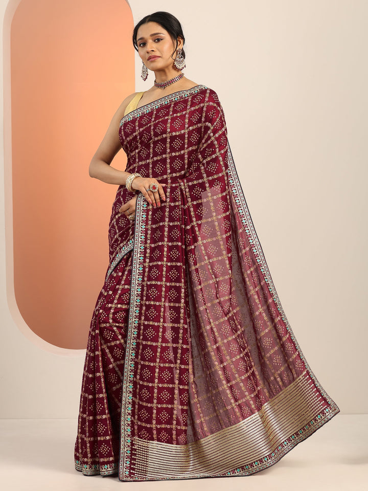Maroon Printed Silk blend Saree With Unstitched Blouse Piece
