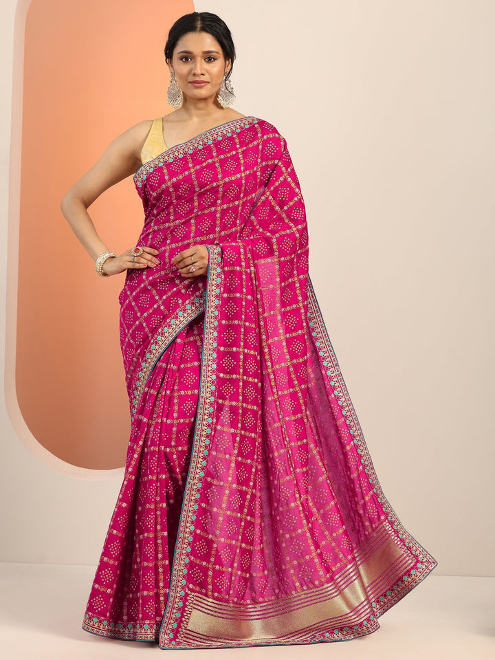 Magenta Printed Silk blend Saree With Unstitched Blouse Piece