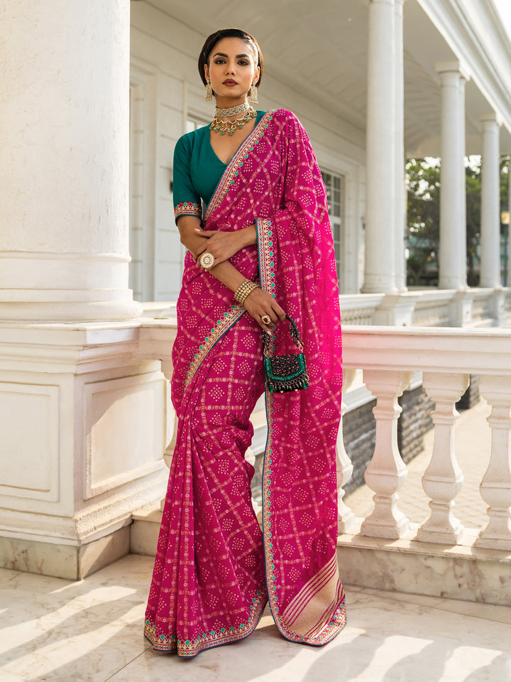 Magenta Printed Silk blend Saree With Unstitched Blouse Piece