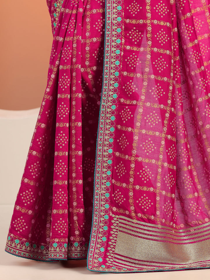 Magenta Printed Silk blend Saree With Unstitched Blouse Piece