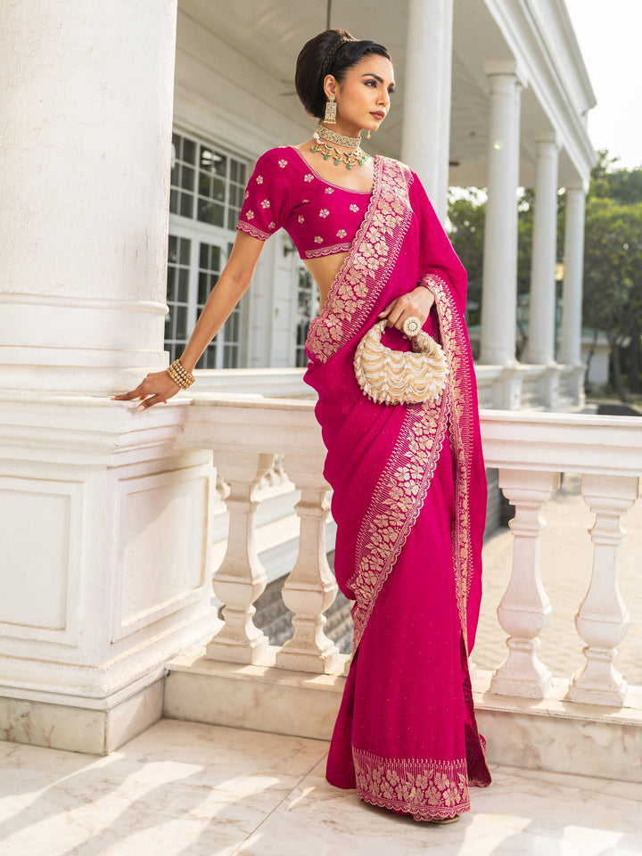 Pink Embellished Silk blend Saree With Unstitched Blouse Piece