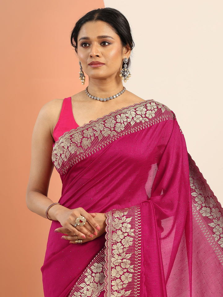 Pink Embellished Silk blend Saree With Unstitched Blouse Piece