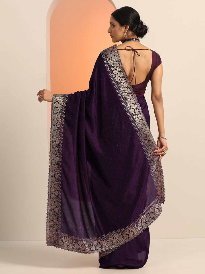 Burgundy Embellished Silk blend Saree With Unstitched Blouse Piece