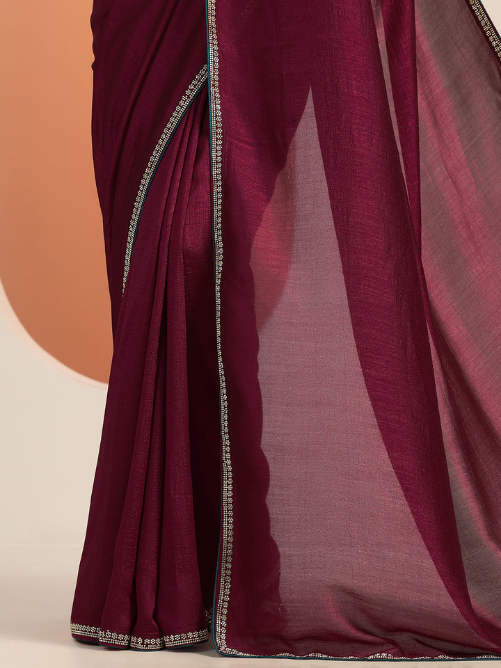Burgundy Solid Silk Blend Saree With Unstitched Blouse Piece