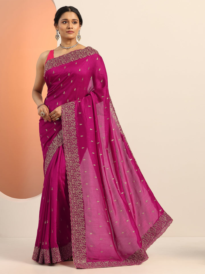 Magenta Embroidered Silk blend Saree With Unstitched Blouse Piece