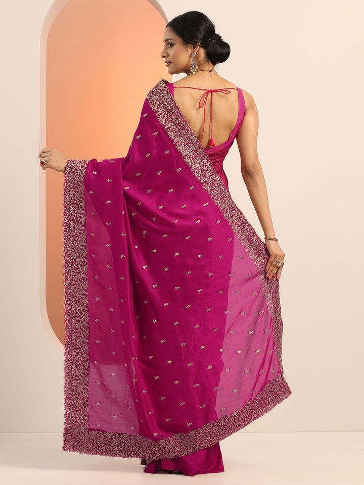 Magenta Embroidered Silk blend Saree With Unstitched Blouse Piece