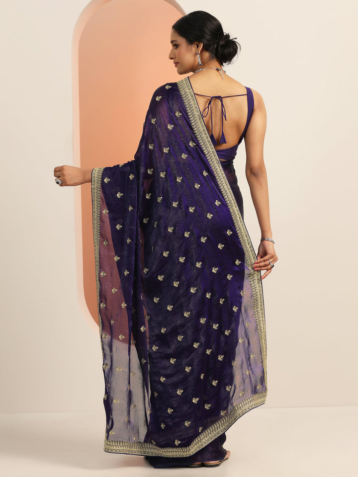 Purple Embroidered Chiffon Saree With Unstitched Blouse Piece