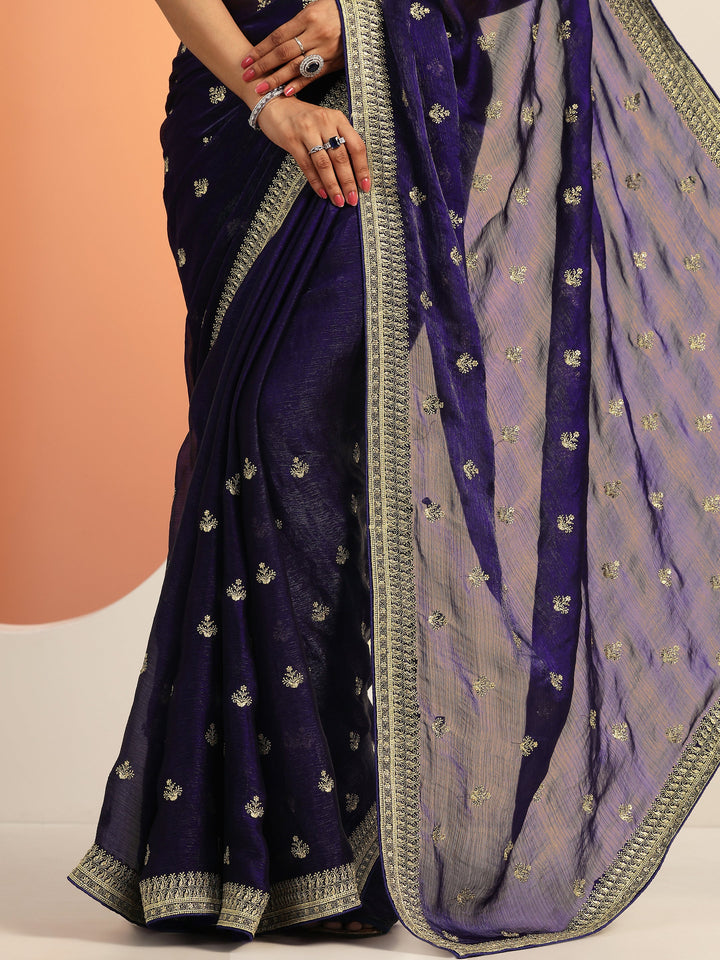 Purple Embroidered Chiffon Saree With Unstitched Blouse Piece