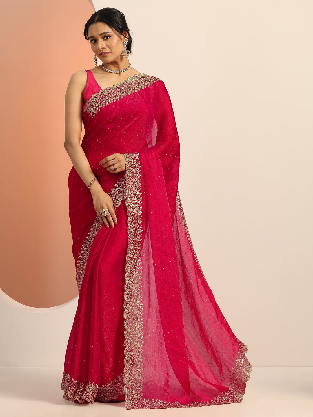 Red Embellished Chiffon Saree With Unstitched Blouse Piece