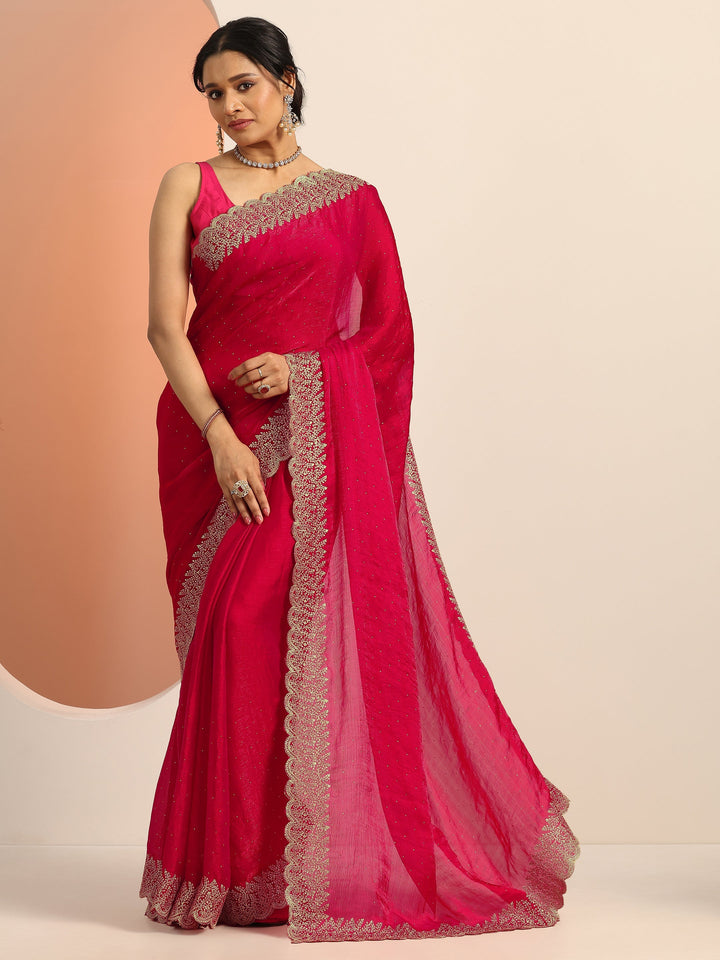 Red Embellished Chiffon Saree With Unstitched Blouse Piece