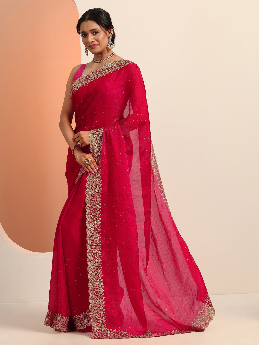 Red Embellished Chiffon Saree With Unstitched Blouse Piece