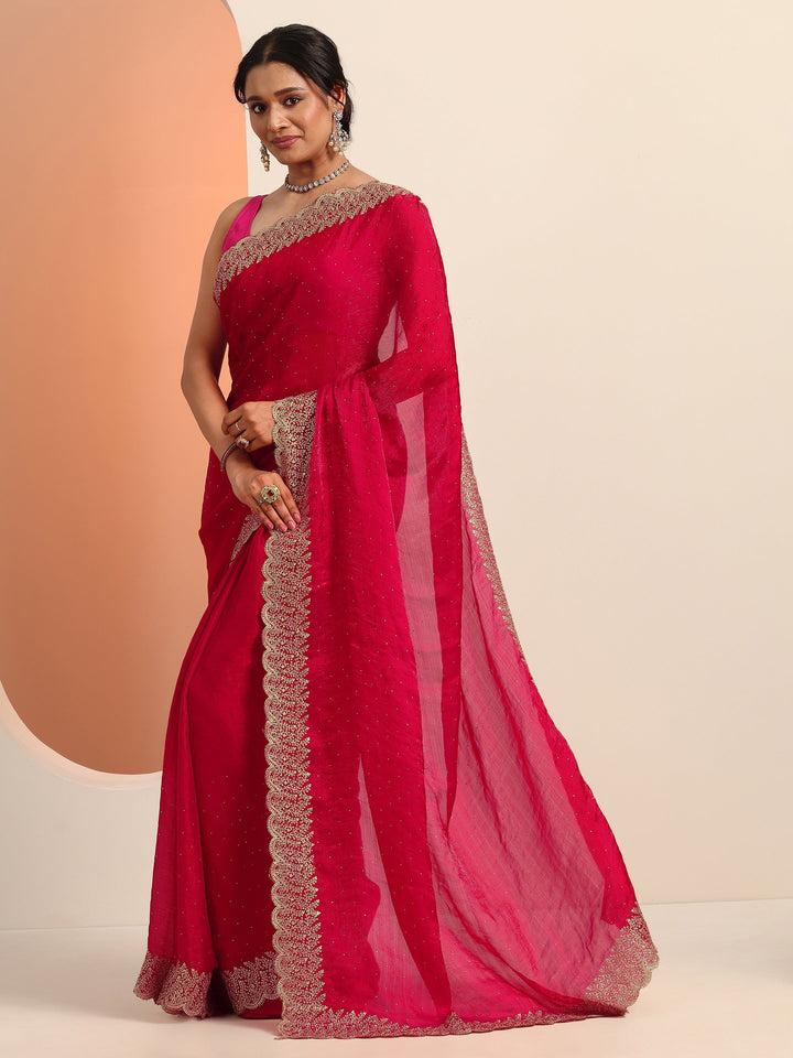 Red Embellished Chiffon Saree With Unstitched Blouse Piece