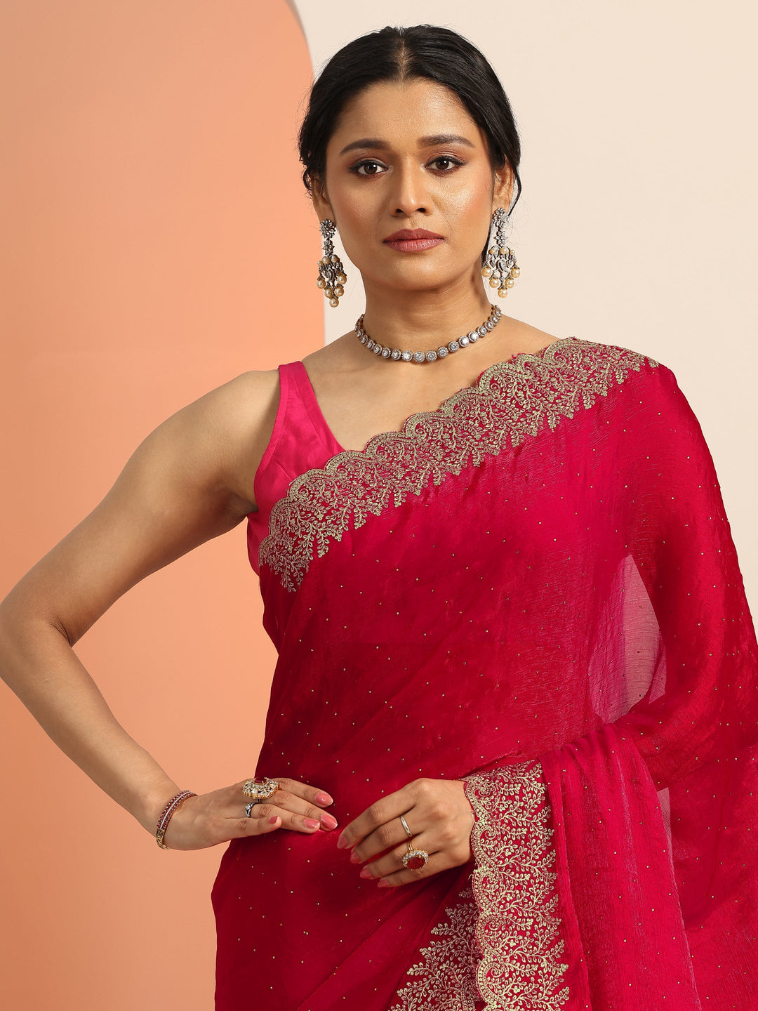 Red Embellished Chiffon Saree With Unstitched Blouse Piece