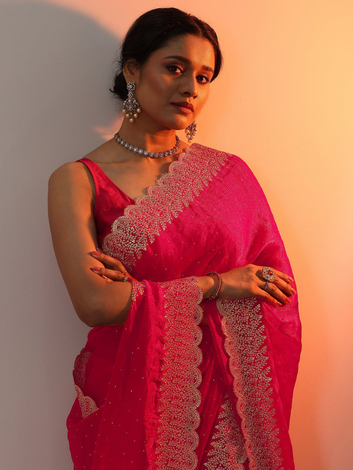 Red Embellished Chiffon Saree With Unstitched Blouse Piece