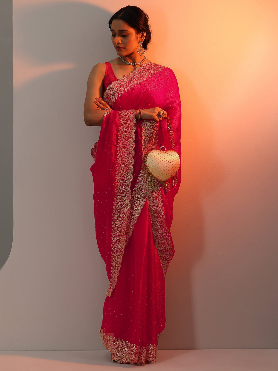 Red Embellished Chiffon Saree With Unstitched Blouse Piece