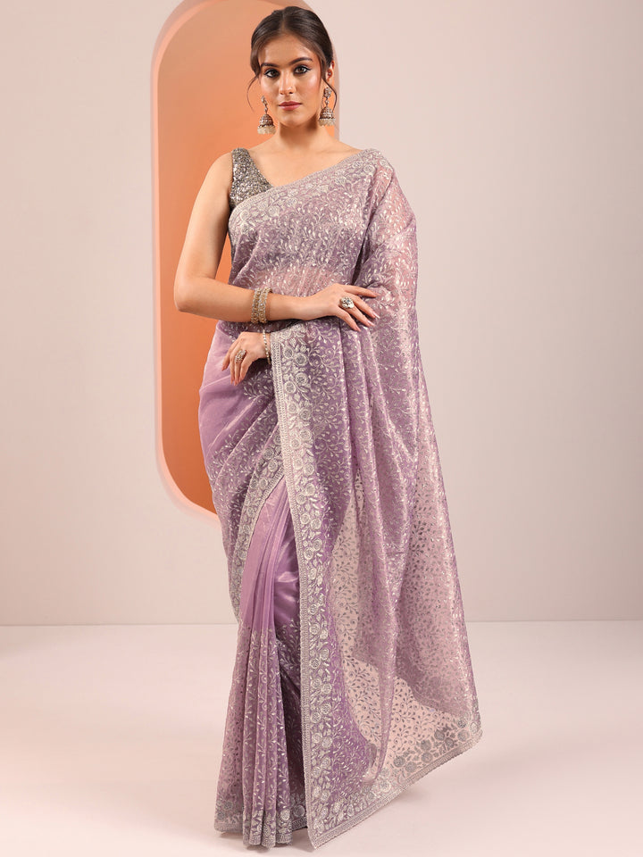 Lavender Embroidered Nylon Saree With Unstitched Blouse Piece