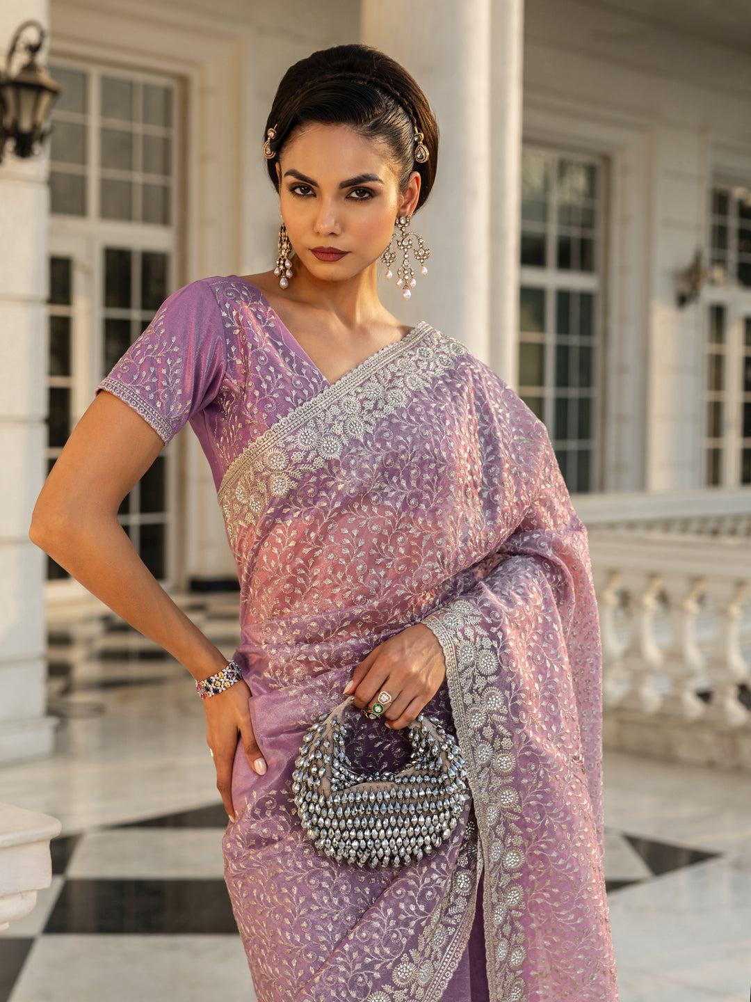 Lavender Embroidered Nylon Saree With Unstitched Blouse Piece