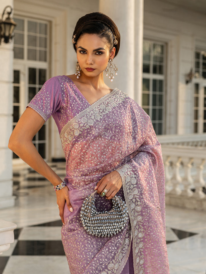 Lavender Embroidered Nylon Saree With Unstitched Blouse Piece