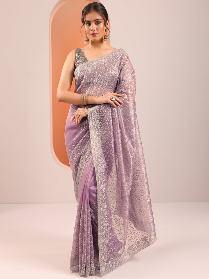Lavender Embroidered Nylon Saree With Unstitched Blouse Piece