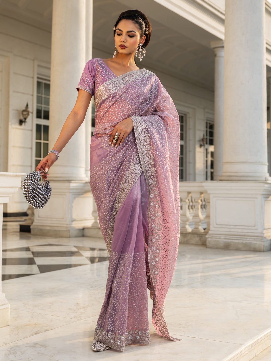 Lavender Embroidered Nylon Saree With Unstitched Blouse Piece