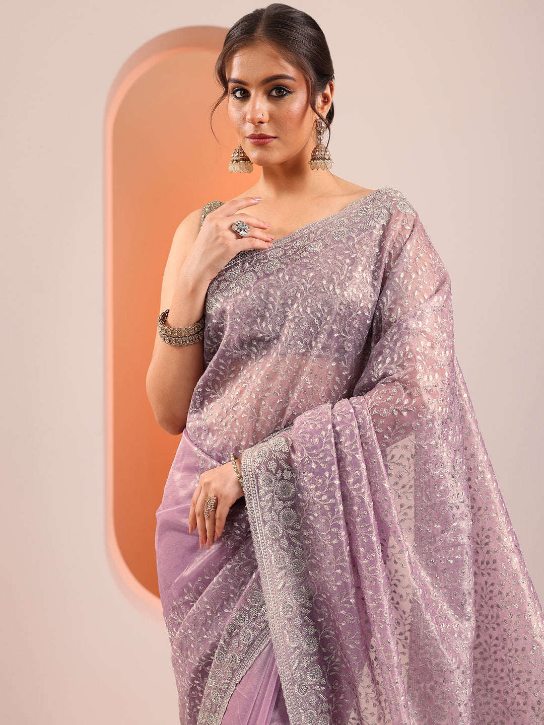 Lavender Embroidered Nylon Saree With Unstitched Blouse Piece