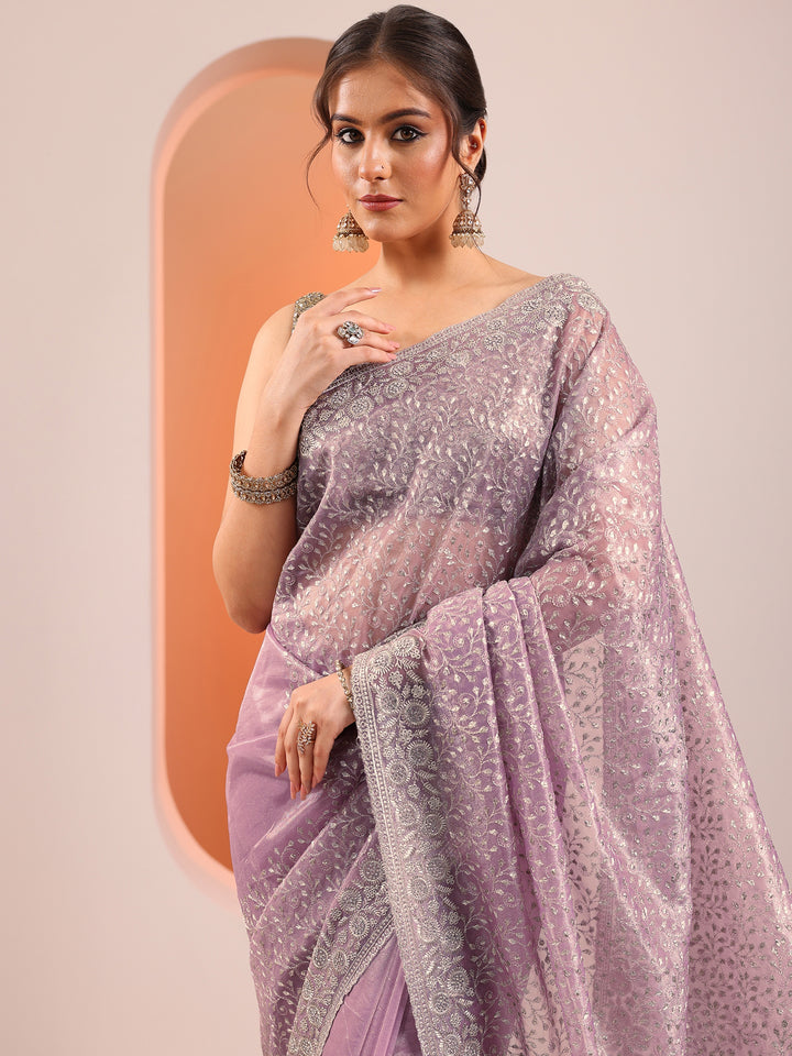 Lavender Embroidered Nylon Saree With Unstitched Blouse Piece