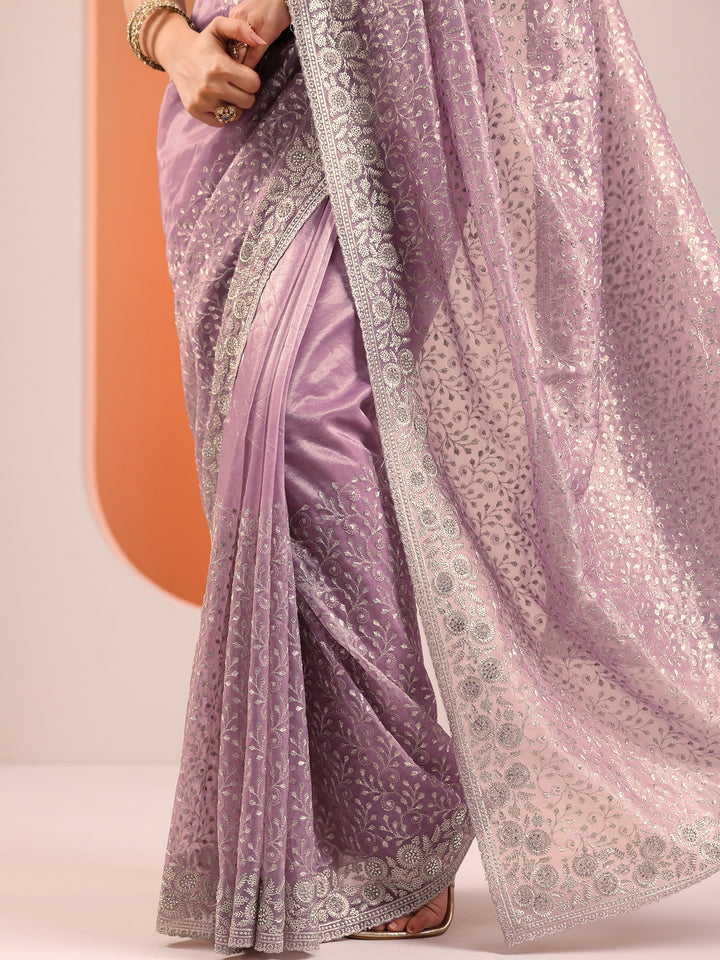 Lavender Embroidered Nylon Saree With Unstitched Blouse Piece