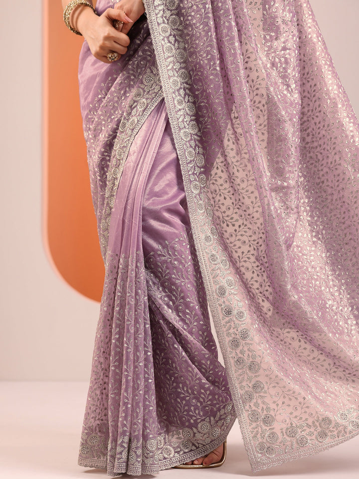 Lavender Embroidered Nylon Saree With Unstitched Blouse Piece