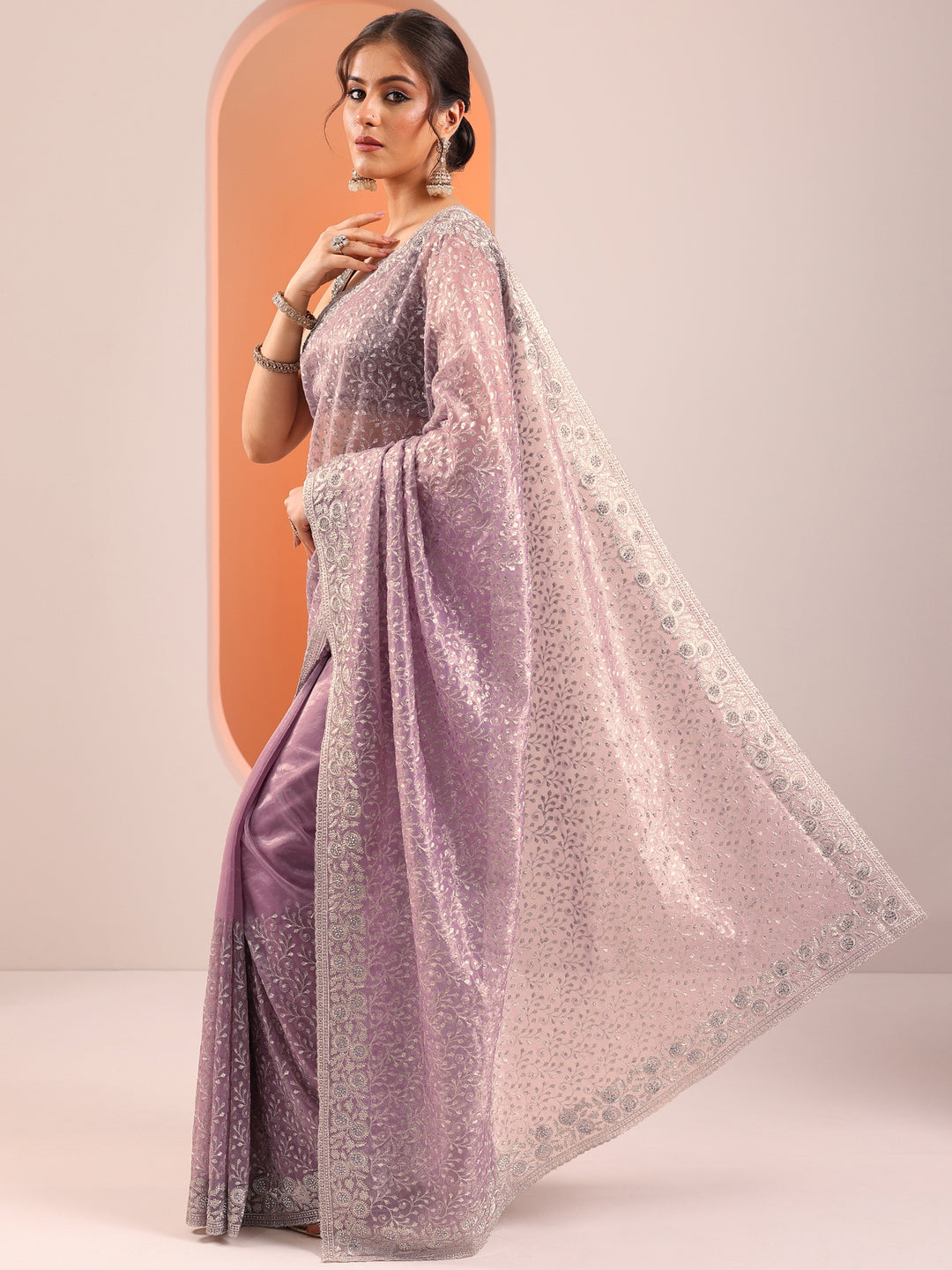 Lavender Embroidered Nylon Saree With Unstitched Blouse Piece