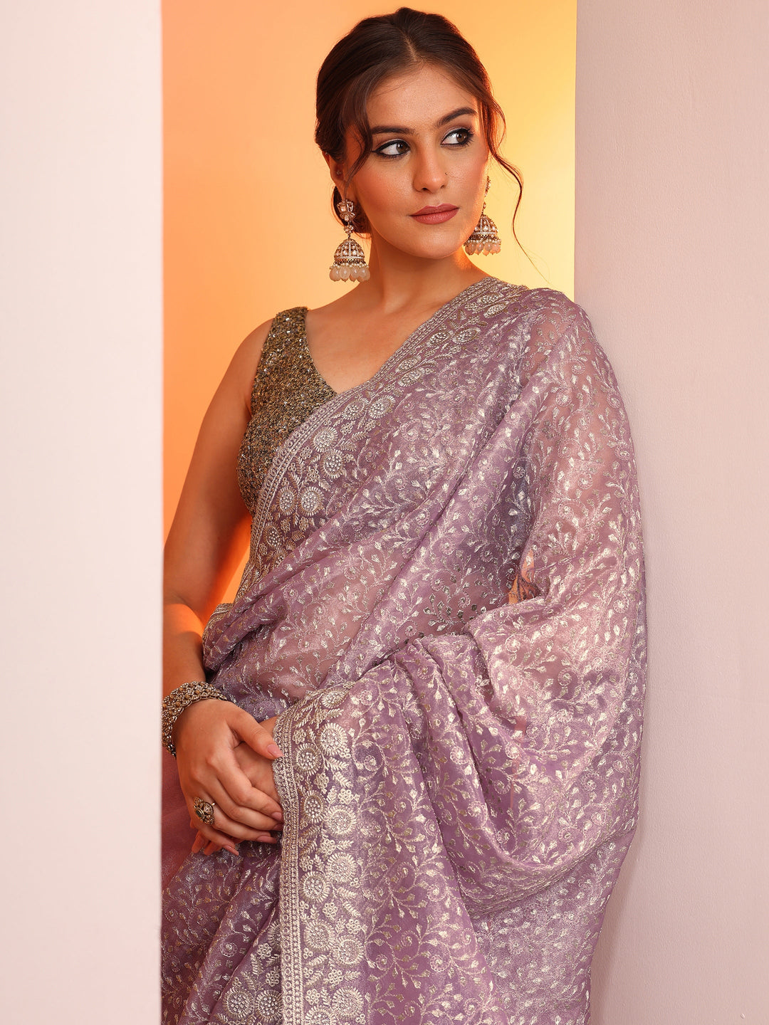 Lavender Embroidered Nylon Saree With Unstitched Blouse Piece