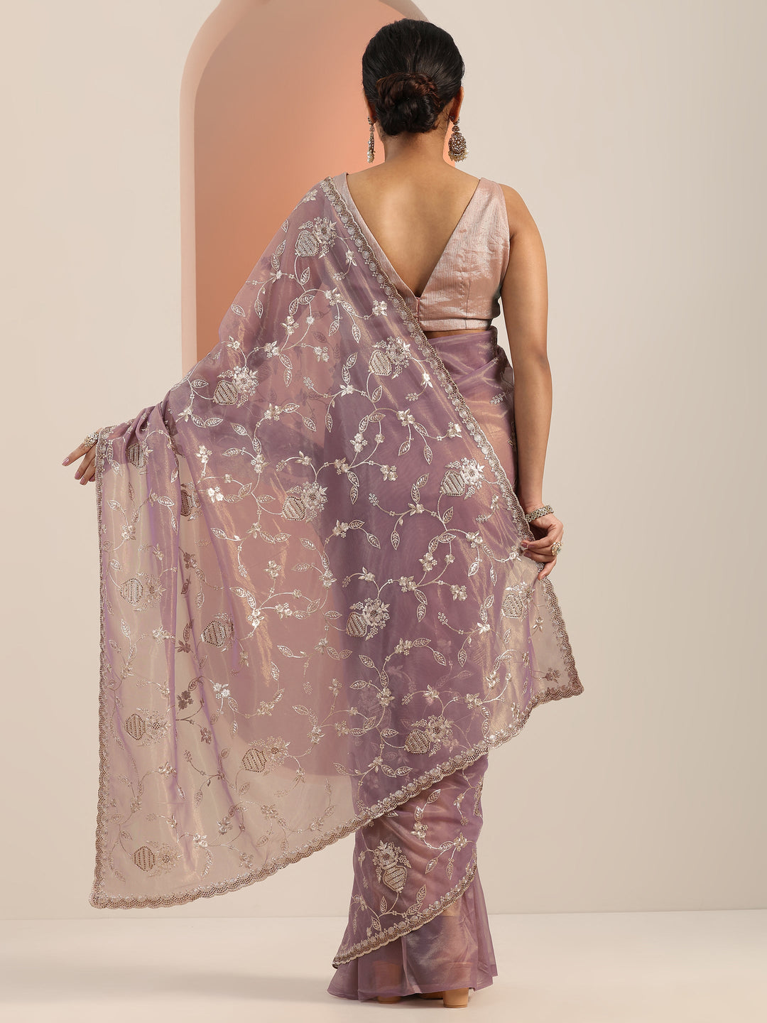 Mauve Embroidered Nylon Saree With Unstitched Blouse Piece