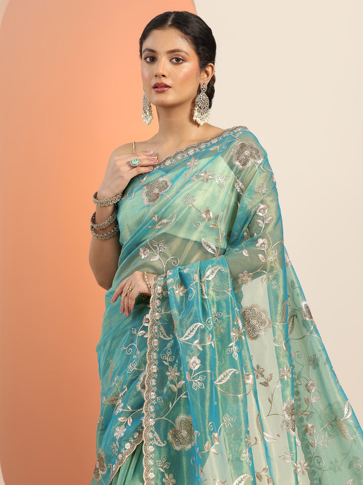 Blue Embroidered Nylon Saree With Unstitched Blouse Piece