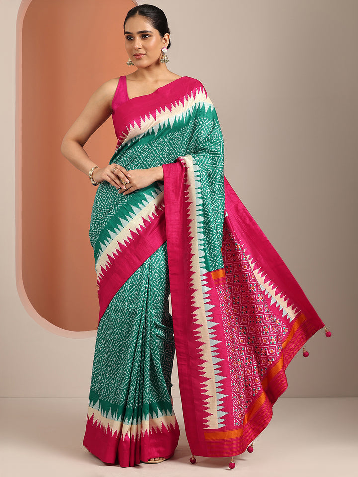 Green Printed Silk Blend Saree With Unstitched Blouse Piece